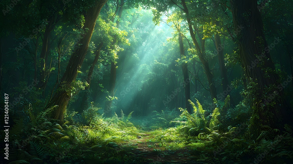 A mesmerizing forest scene with a winding path leading through a verdant lush landscape Sunlight streams through the dense canopy casting a warm ethereal glow over the serene environment A mesmerizing forest scene with a winding path leading through a verdant lush landscape Sunlight streams through the dense canopy casting a warm ethereal glow over the serene environment