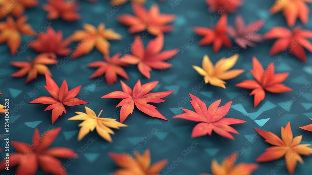 Autumn Maple Leaves Scattered On Teal Background Autumn Maple Leaves Scattered On Teal Background