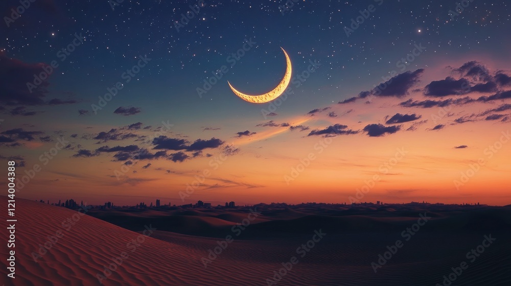 Crescent Moon Over Desert Cityscape And Starry Night Crescent Moon Over Desert Cityscape And Starry Night