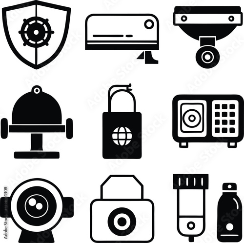 A set of black and white vector icons representing security systems, home appliances, and related technologies.