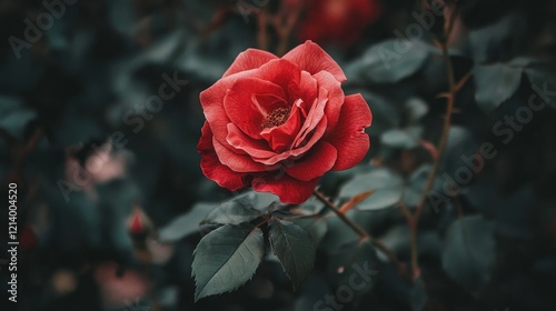A macro shot of a vibrant red rose with detailed textures and sharp focus on the petal edges, with a natural blurred background creating a romantic and dramatic effect