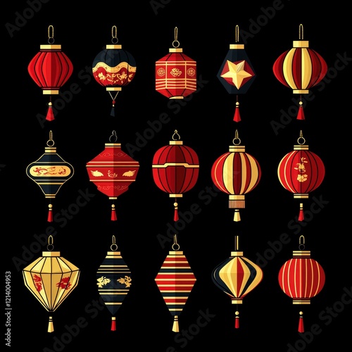 Collection of Red and Gold Chinese Lanterns for Lunar New Year and Festivals