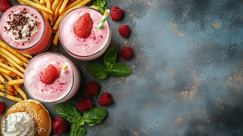 Wallpaper Mural Vibrant and Refreshing Table Display Featuring Three Glasses of Smooth Fruit Smoothie Surrounded by Fresh Ingredients Creating a Healthy and Inviting Atmosphere for Enjoyment and Relaxation Torontodigital.ca