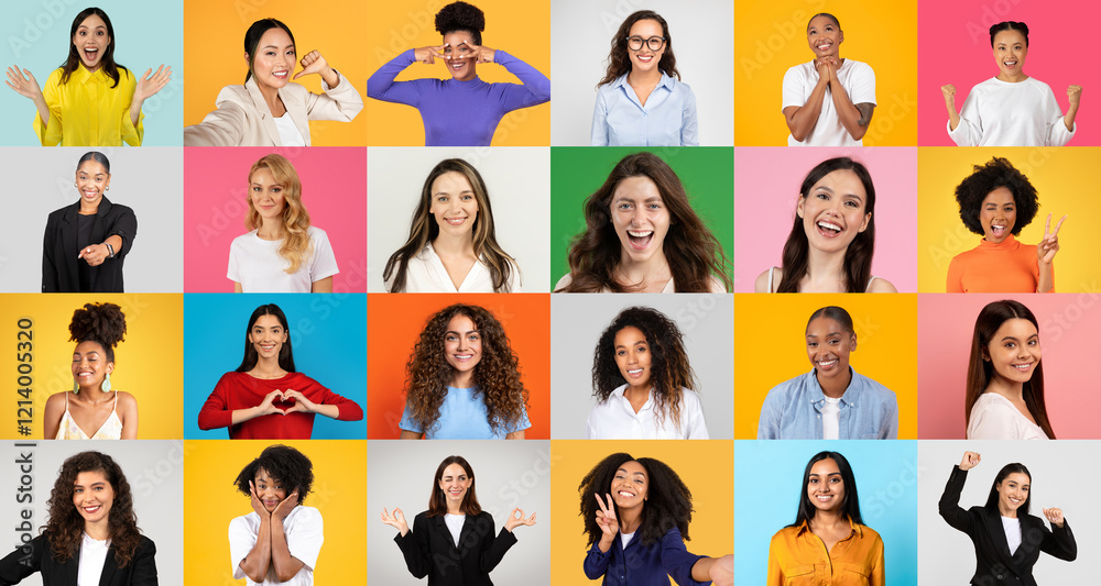 A collection of cheerful people from various backgrounds, all smiling and expressing happiness. Each person showcases positivity, engaged in lively interactions against colorful backdrops. A collection of cheerful people from various backgrounds, all smiling and expressing happiness. Each person showcases positivity, engaged in lively interactions against colorful backdrops.