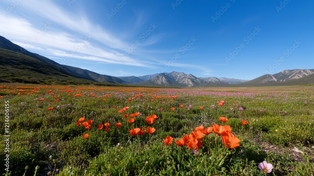 Vibrant orange poppies bloom in mountain valley meadow under a blue sky; travel brochure use Vibrant orange poppies bloom in mountain valley meadow under a blue sky; travel brochure use