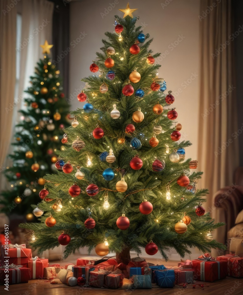 Festive Christmas tree with ornaments and lights, festive decorations, holiday ornaments Festive Christmas tree with ornaments and lights, festive decorations, holiday ornaments