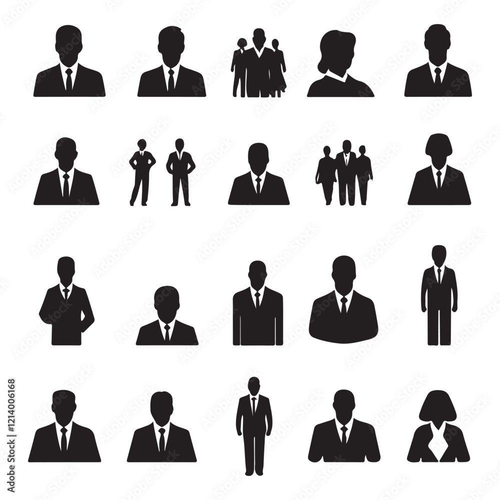 Collection of professional business people silhouettes, in both male and female figures, in different stances (standing, walking), with some carrying briefcases. Collection of professional business people silhouettes, in both male and female figures, in different stances (standing, walking), with some carrying briefcases.