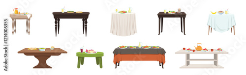 Served Table with Plating and Meal Setting Vector Set