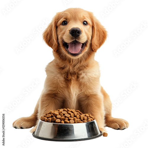 Happy Golden Retriever Puppy Sitting with Food Bowl and Kibble