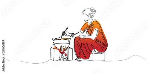 line art drawing of a woman in typical Indian clothing cooking in a traditional kitchen. line art of an Indian woman cooking