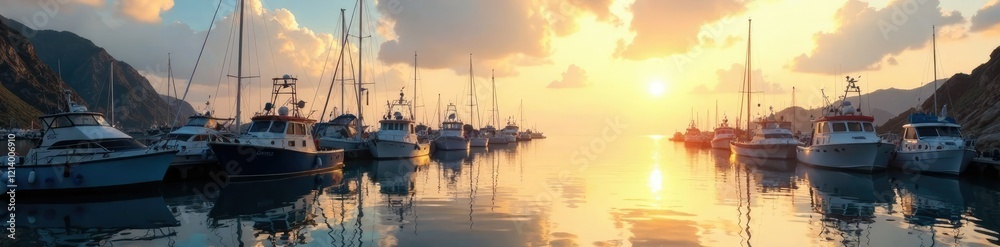 Fishing boats at the harbour in the early morning, marina, calm, water Fishing boats at the harbour in the early morning, marina, calm, water