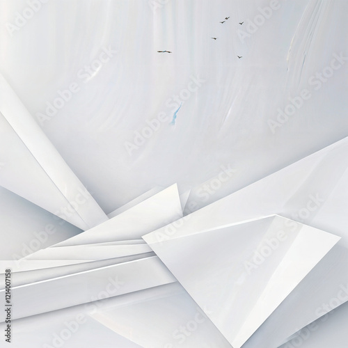 The image is a minimalist abstract design featuring various overlapping white geometric shapes, such as triangles and rectangles, creating a sense of depth and layering against a light gray background
