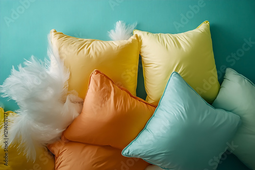 Pillows and feathers flying after a playful pillow fight celebration photo