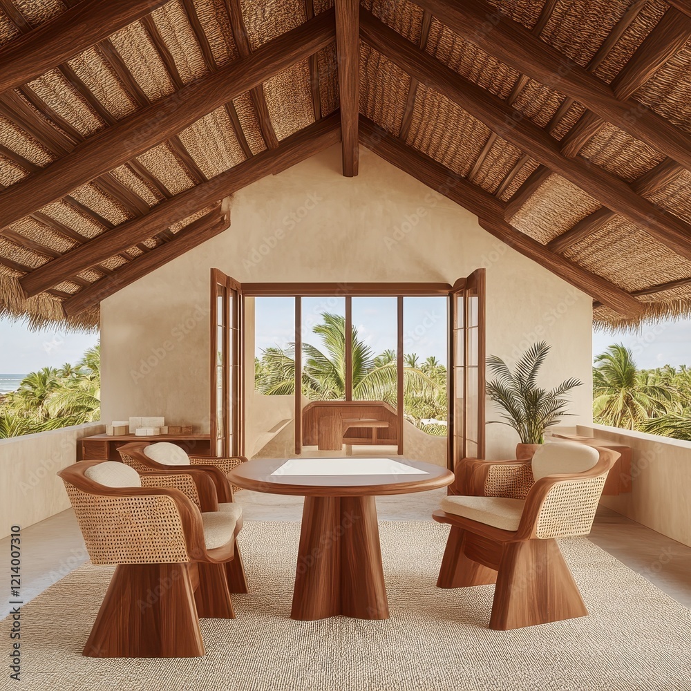 Fototapeta premium Tropical Getaway Relaxing Palm Tree View from a Luxurious Beachfront Bungalow.