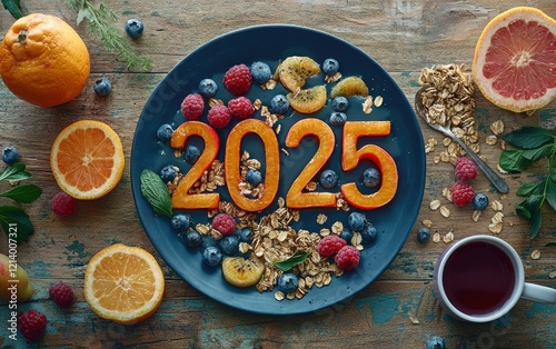 Wallpaper Mural The number 2025 created from dairy-free yogurt, fruits, and granola, with a softly lit morning breakfast setting Torontodigital.ca