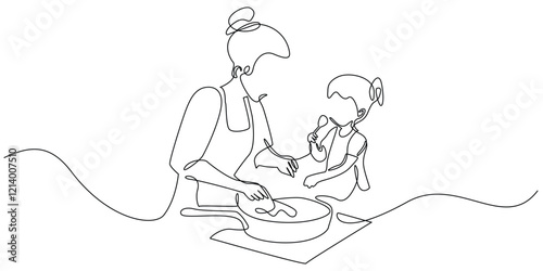 continuous line drawing of mother cooking with daughter in the kitchen.one line drawing of mother and daughter preparing food in the kitchen.single line vector illustration