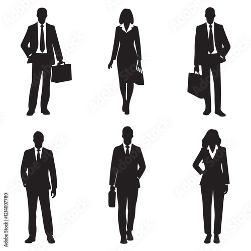 Collection of professional business people silhouettes, in both male and female figures, in different stances (standing, walking), with some carrying briefcases.