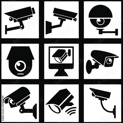 A set of black and white security camera icons, showing various types including wall-mounted, dome, and monitor-displayed views.