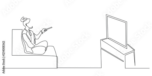 continuous line drawing of woman watching television.one line drawing of woman relaxing in the room,holding a remote and looking at television.single line vector illustration