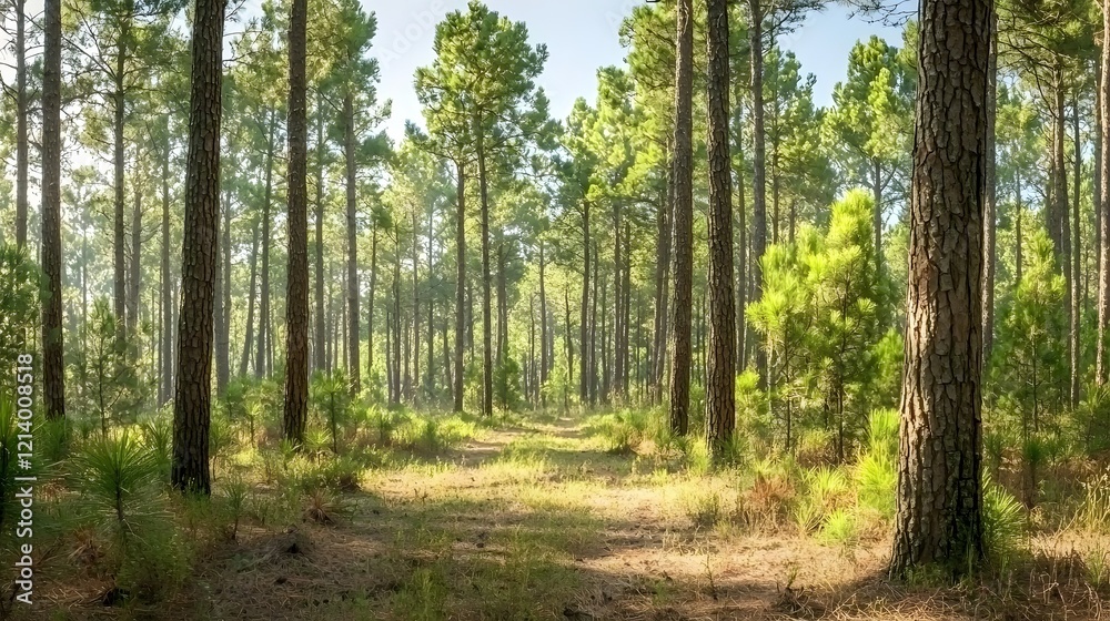 Fototapeta premium Picturesque pine forest path winding through a lush verdant landscape of towering evergreen trees This serene and tranquil outdoor scene invites viewers to embark on a peaceful adventure