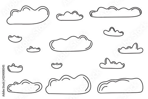 White clouds of different shapes in doodle style. Hand drawn clouds. Rain floating clouds silhouette vector illustration sketch. Vector illustration