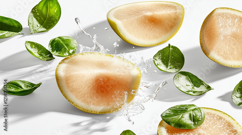 Close-up of Fresh Lemon Slices and Vibrant Green Leaves Being Spritzed with Water, Creating a Dynamic Scene of Natural Hydration and Zest photo