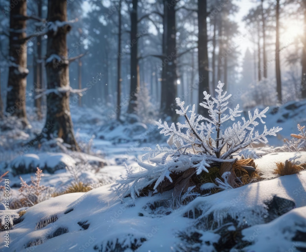 Frosty Forest Landscape with Shiny Snowflakes and Icy Ice Crystals, frosty forest landscape, forest terrain, wintry atmosphere