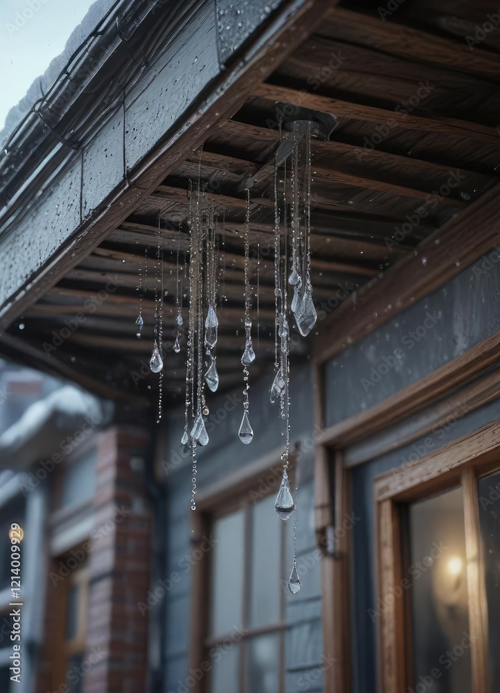 Fototapeta premium Frozen droplets hanging suspended in mid-air from the roof's eaves, roof details, outdoor photography