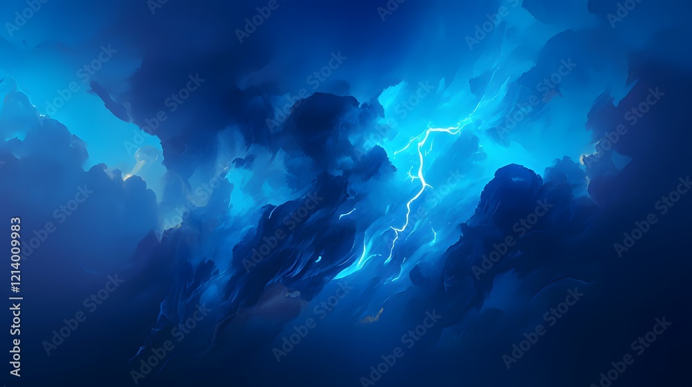 Realistic lightning bolt with a blue smoke cloud framing the bottom of the image, creating a glowing and mystical effect for dramatic scenes