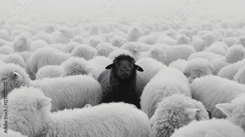 Black sheep standing out in a flock of white sheep.