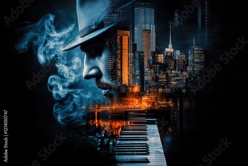 introspective jazz musician’s profile blended with glowing urban skyline, smoky blue textures, and piano keys, creating a harmonious fusion of music, city energy, and abstract artistry