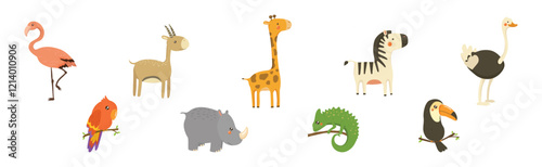 Funny African Animal and Wild Fauna Vector Set. Wildlife and Exotic Zoo Mammal of Savannah