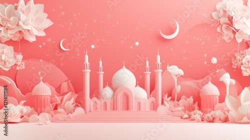 Pink Mosque Scene with Floral Decorations and Stars