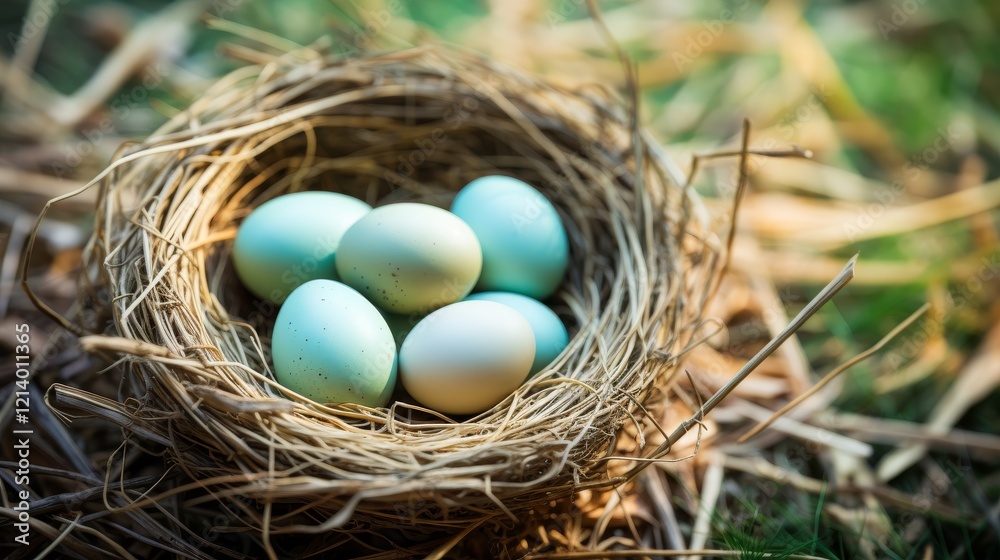 Nest of delicate blue eggs tucked in vibrant grass during springtime. Generative AI Nest of delicate blue eggs tucked in vibrant grass during springtime. Generative AI