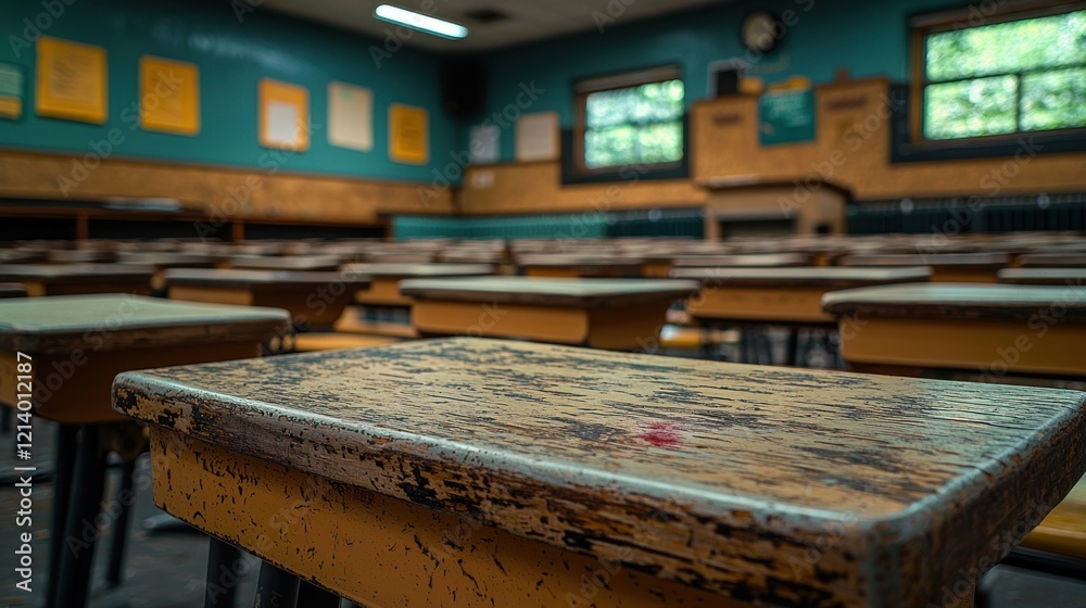 Nostalgic View of an Empty, Aged Classroom with Worn Wooden Desks and Teal Walls Nostalgic View of an Empty, Aged Classroom with Worn Wooden Desks and Teal Walls