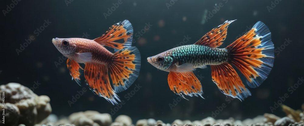 Fototapeta premium Colorful Poecilia reticulata guppy fish with long fins and flowing tails in the water, flowing tails, guppy fish, tropical fish
