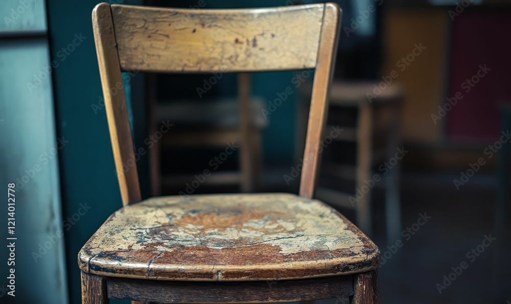 Worn wooden chair with distressed paint and background.