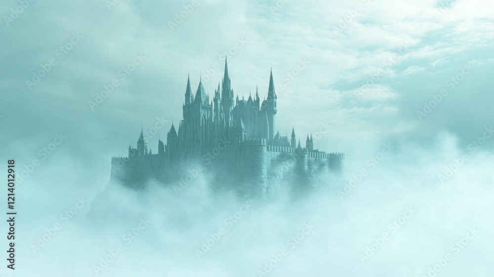 Majestic Castle Enveloped In Misty Clouds Above The Peaks Majestic Castle Enveloped In Misty Clouds Above The Peaks