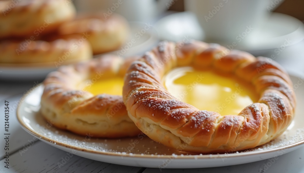 Close-up of Fresh Danish Pastries with Custard on White Plate, Perfect for Bakery Ads Close-up of Fresh Danish Pastries with Custard on White Plate, Perfect for Bakery Ads
