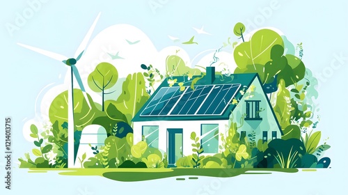 Renewable energy concept featuring a house with green trees and a windmill, highlighting ecological design principles