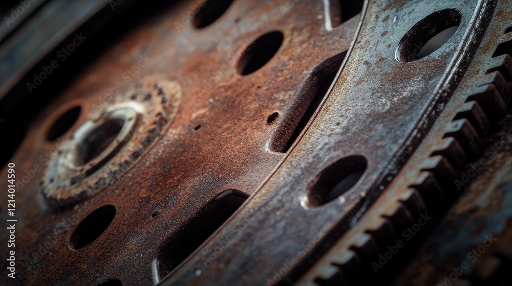 Rusted metal disc with holes and gear teeth. Rusted metal disc with holes and gear teeth.