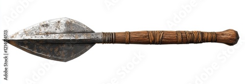 Ancient rusty spear with wooden handle isolated on white background.