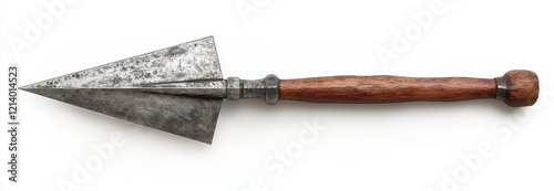 Antique metal arrowhead with wooden handle on white background.