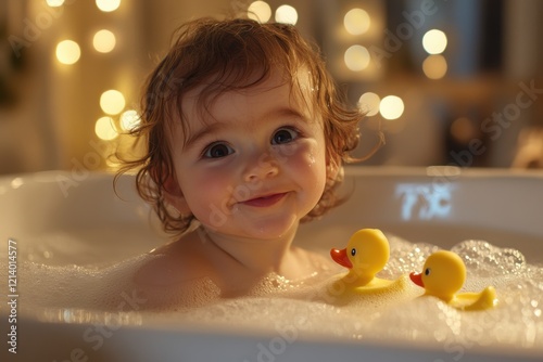 Playing with rubber duckies in a warm bubble bath, this adorable infant smiles. Generative Ai
