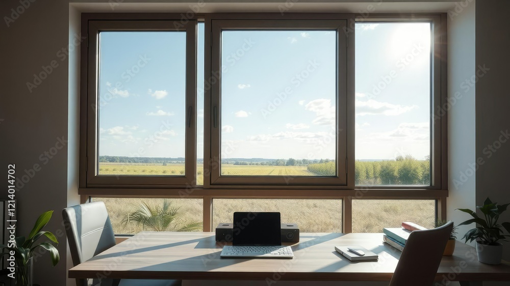 desk under a large window with a summer morning view, serene ambiance, window view desk under a large window with a summer morning view, serene ambiance, window view