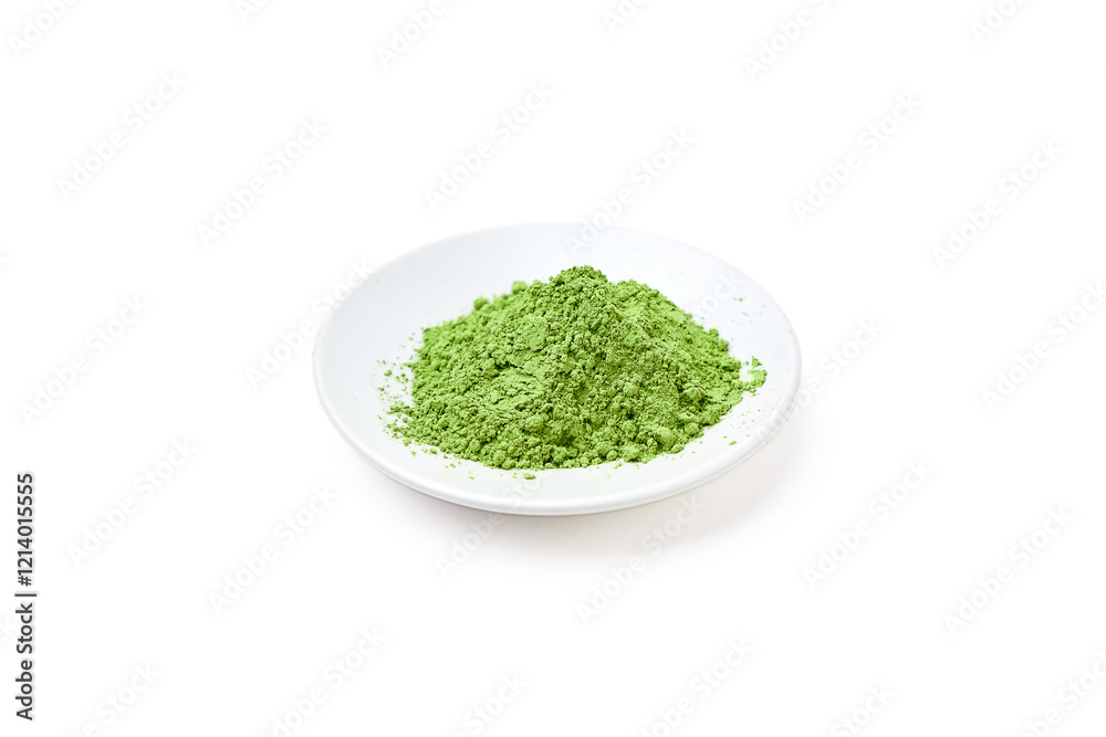 Green tea powder on white plaete isolated on white background. Green tea powder on white plaete isolated on white background.