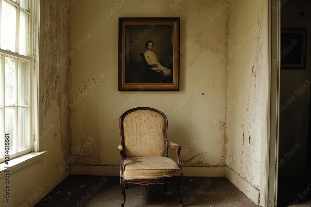 Fototapeta premium Old portrait, chair, window in distressed room.
