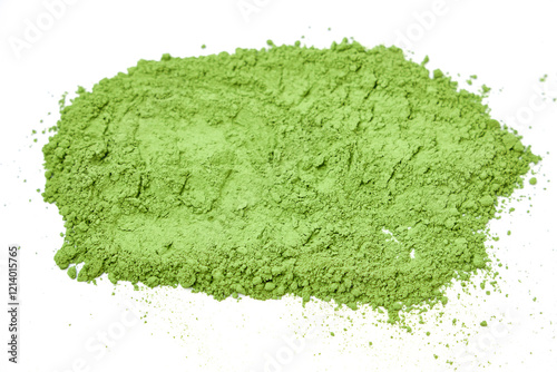 Top view of Green tea powder scattered isolated on white background.