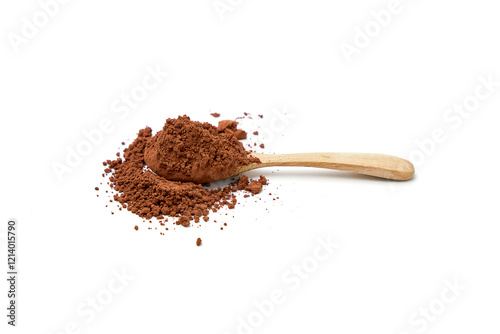 Cocoa powder on wooden spoon and scattered isolated on white background.