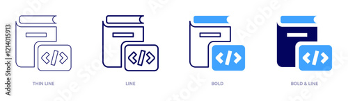 Coding book icon in 4 different styles. Thin Line, Line, Bold, and Bold Line. Duotone style. Editable stroke